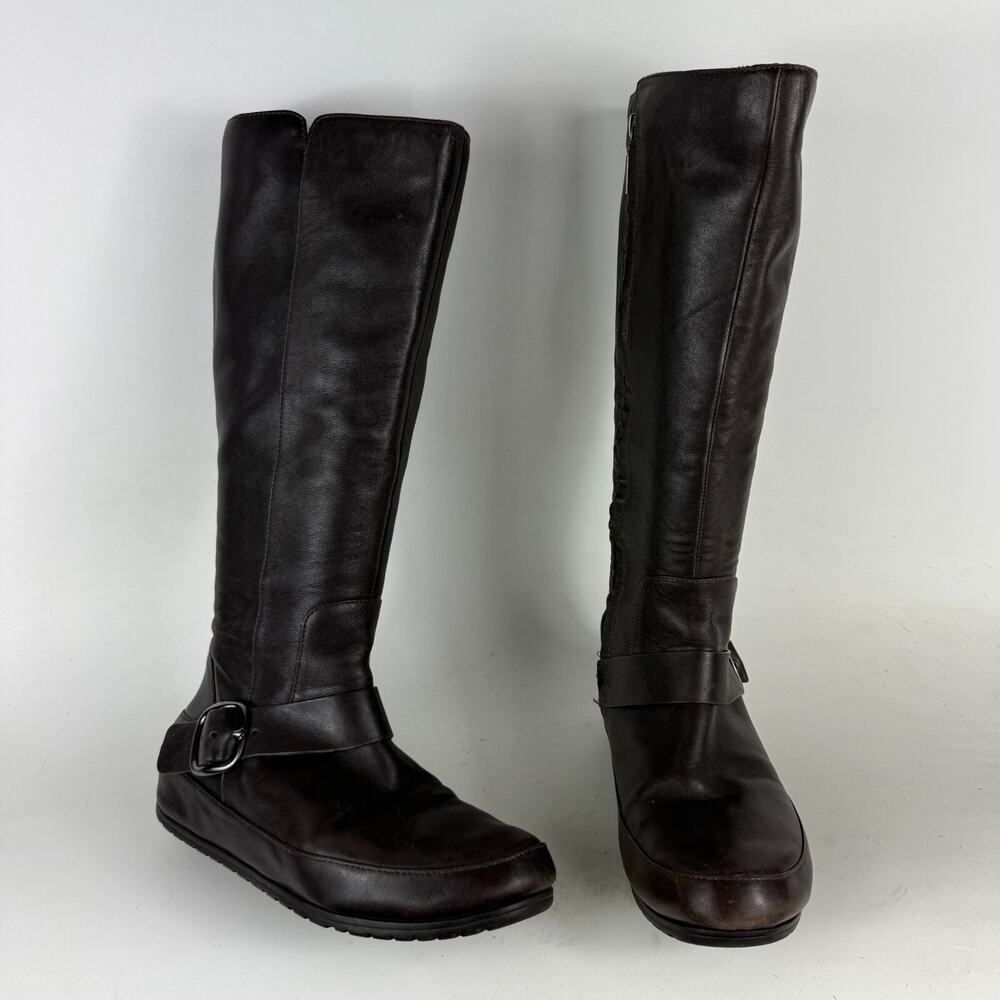 Fitflop Boots Women 7.5 Brown Round Toe Side Zip Knee High Ankle Buckle Western